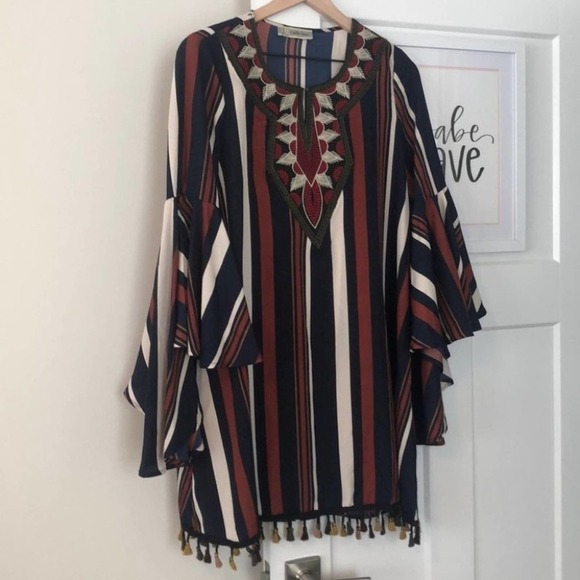 CALLIE MAC Tassel Embroidered Striped Boho Long Sleeve Dress Size Large - Picture 2 of 9